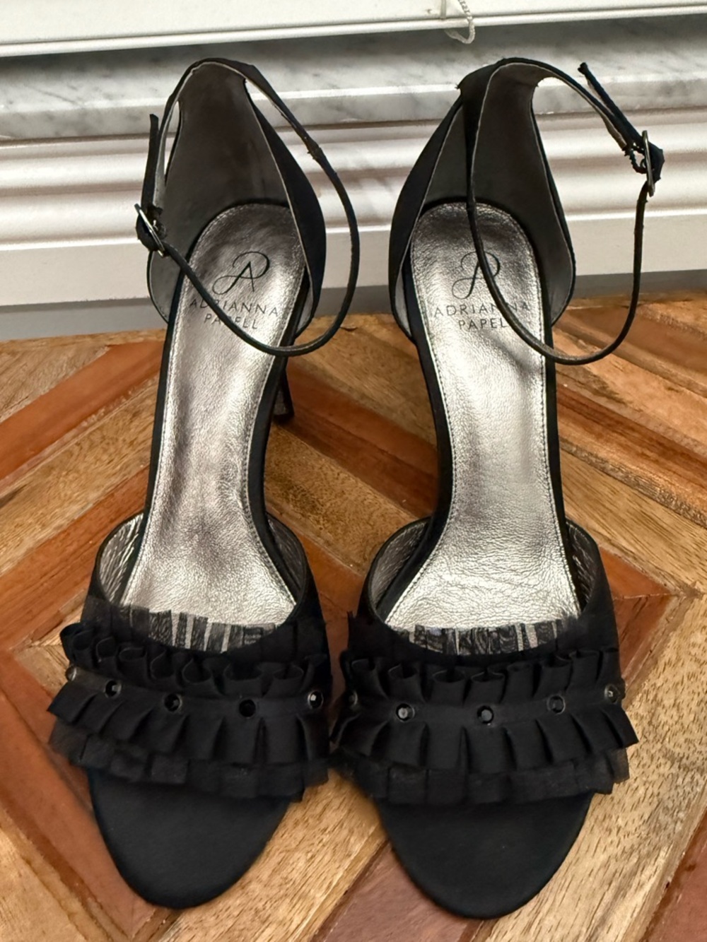 Adrianna Papell Black Satin Ruffle Ankle-Strap Heels with Embellishment, 9